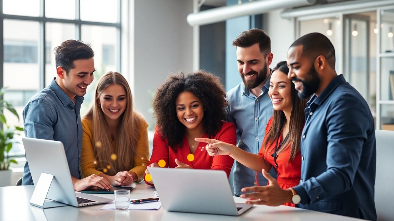 Diverse team collaborating on digital marketing strategies.
