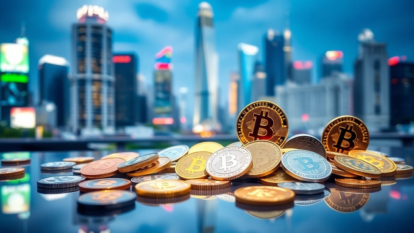 Close-up of various cryptocurrency coins on a reflective surface.
