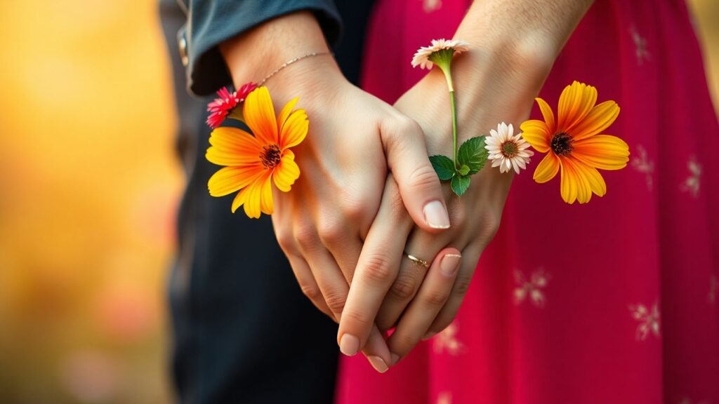 Intertwined hands with flowers in a soft background.