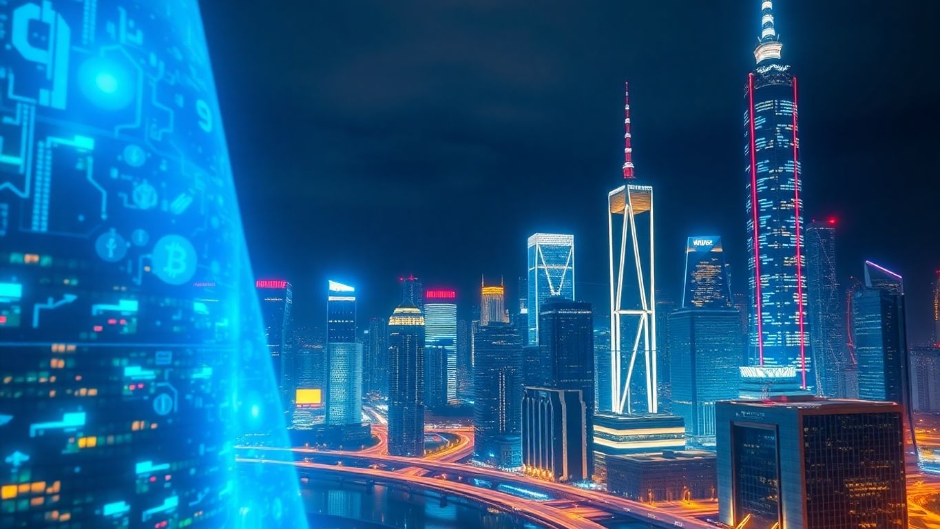 Futuristic city skyline with blockchain symbols and currency icons.