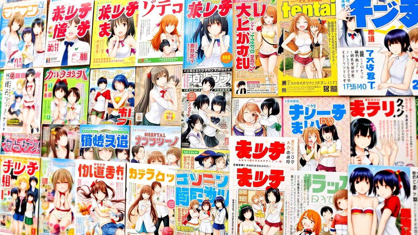 Colorful collage of hentai doujinshi and manga covers.