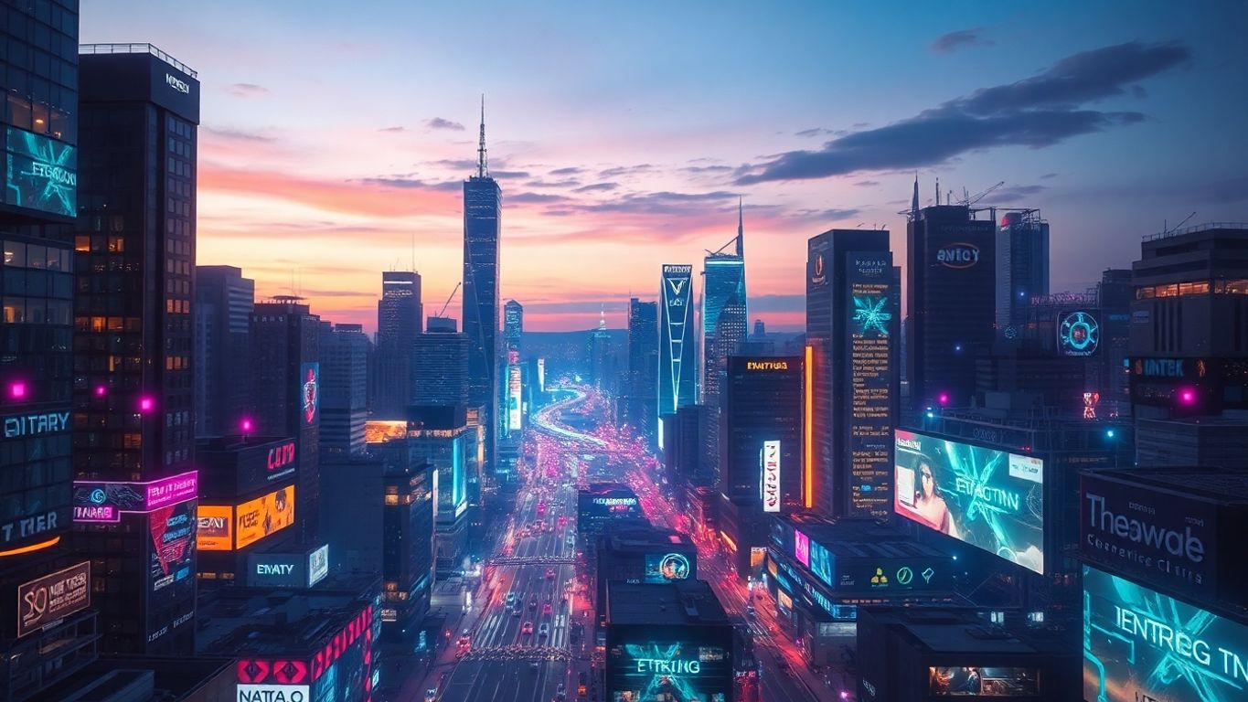 Futuristic cityscape with vibrant digital elements and technology.