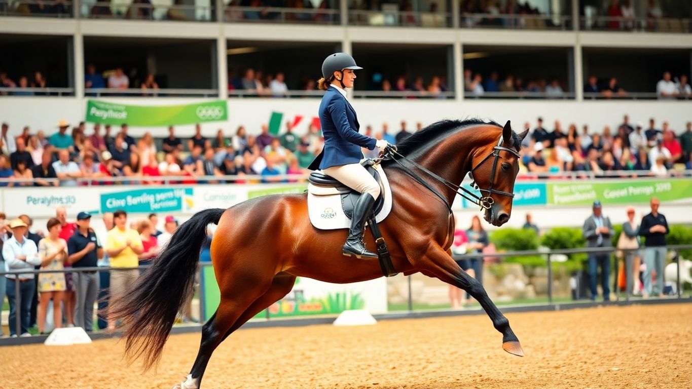 Rider and horse competing in adaptive equestrian event.