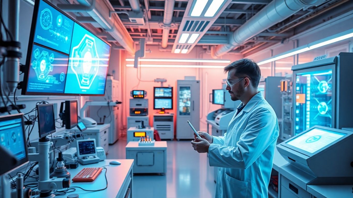 Futuristic lab with scientists and advanced technology innovations.