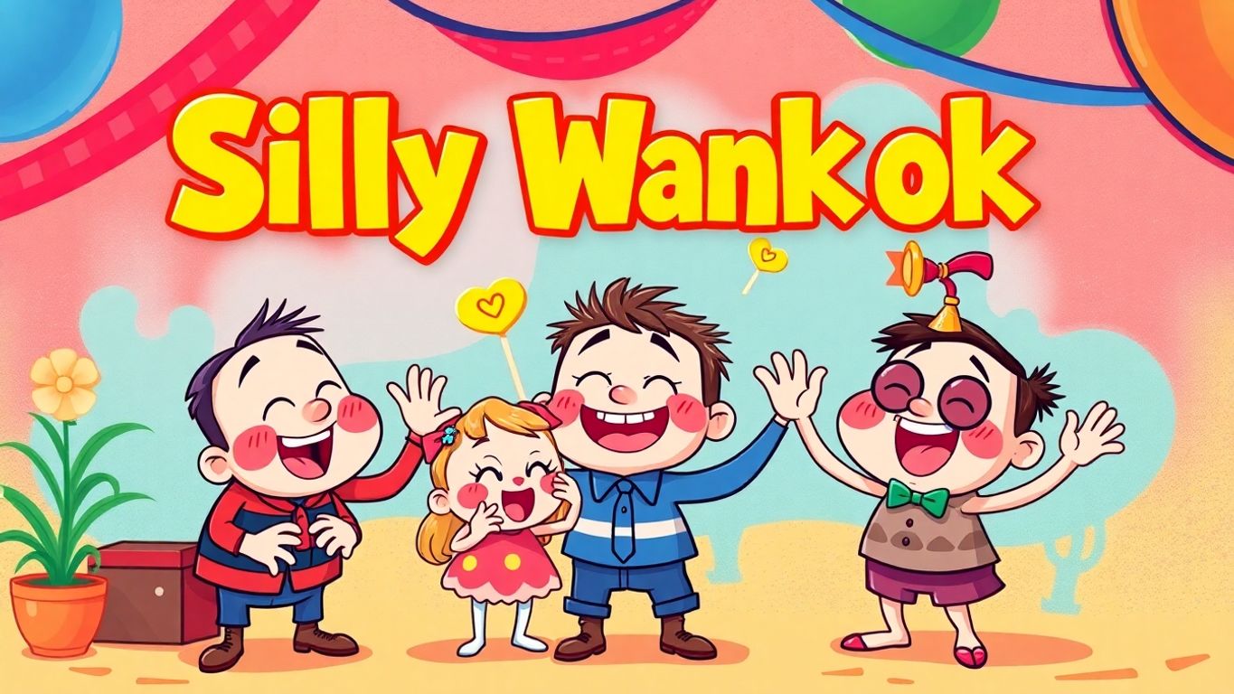 Playful cartoon characters in a humorous scene.