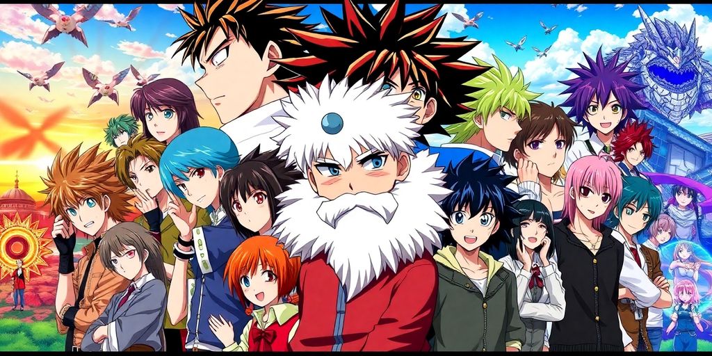 Collage of popular anime characters in dynamic action scenes.