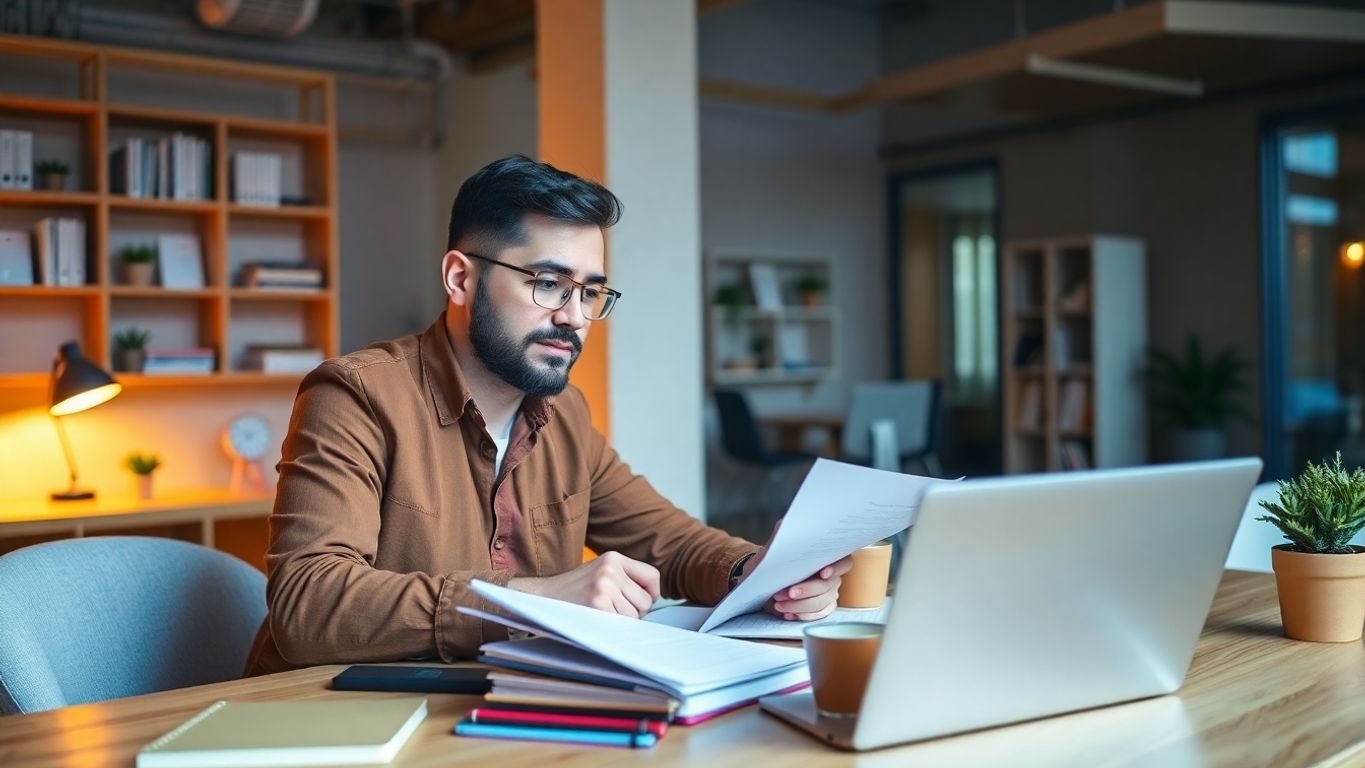 Entrepreneur brainstorming ideas in a modern workspace.