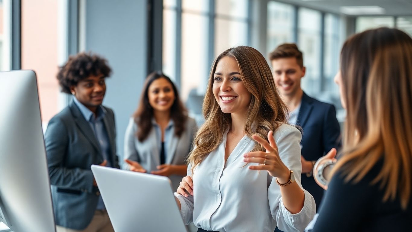 Shannon Reardon Swanick leading a team in a modern office.