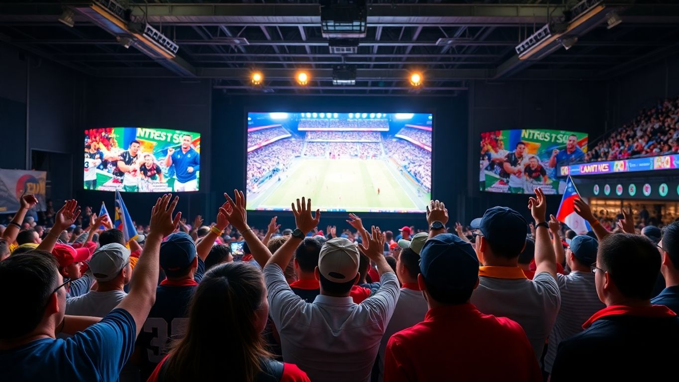 Fans cheering while watching sports on a big screen.