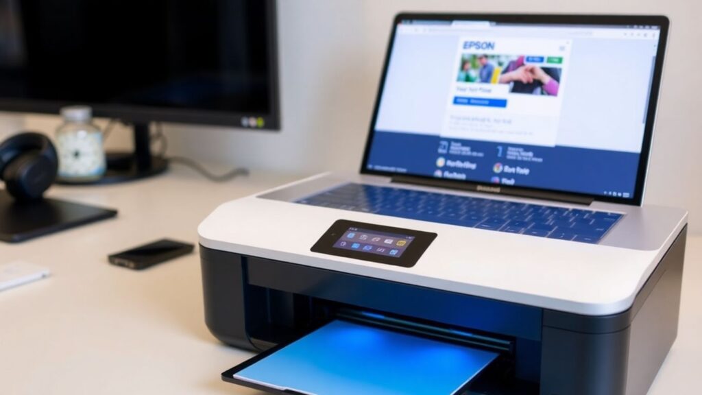 Epson XP-445 printer with laptop on a desk.