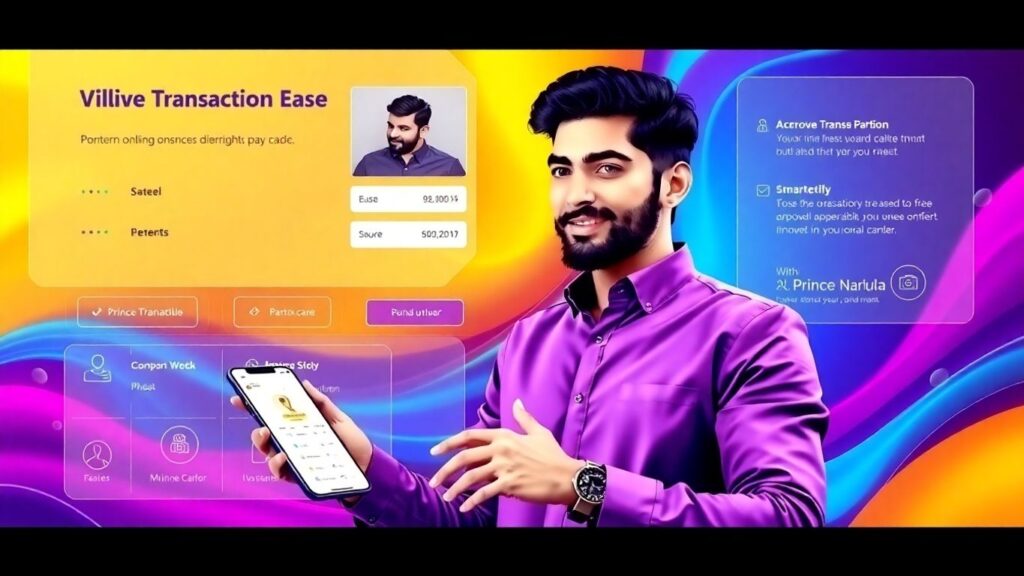 Prince Narula with digital payment interface in vibrant colors.