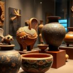 Ancient artifacts displayed in a well-lit museum setting.