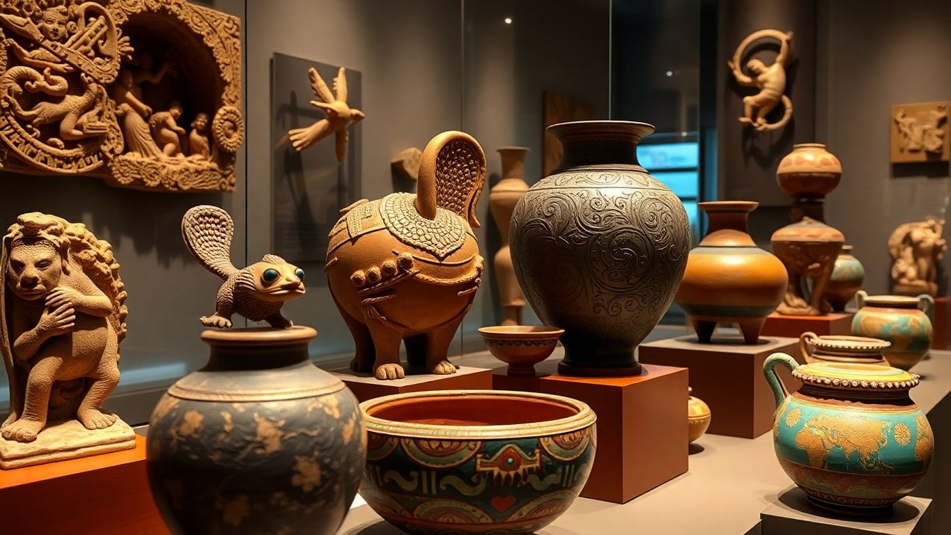 Ancient artifacts displayed in a well-lit museum setting.