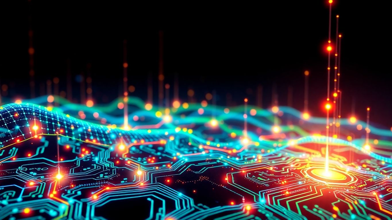 Vibrant digital landscape with circuits and glowing data streams.