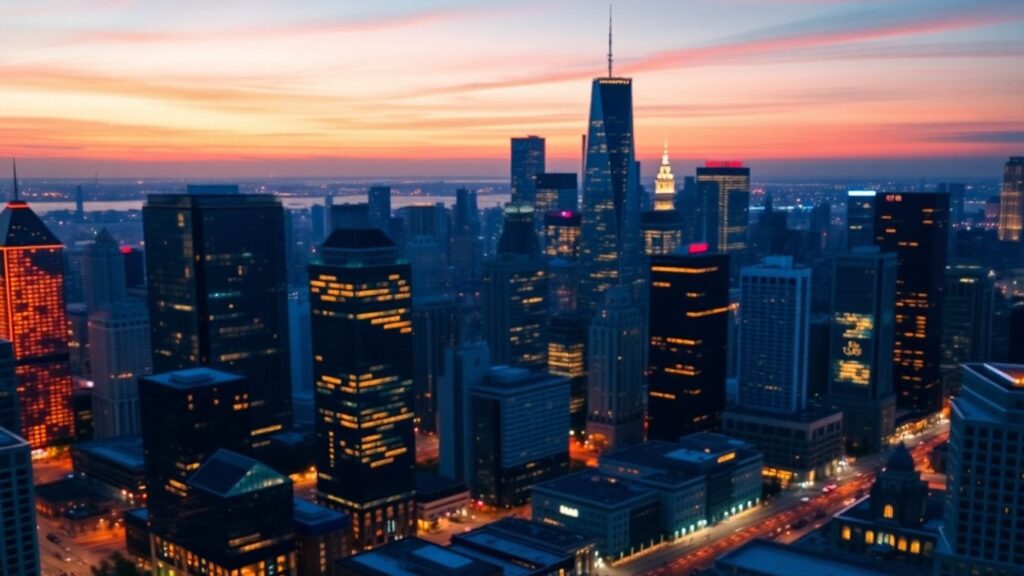 City skyline at dusk representing investment opportunities.