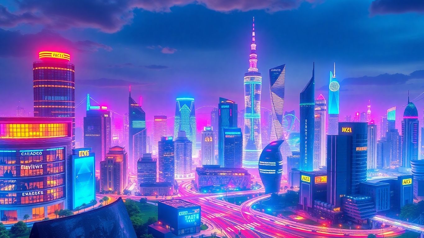 Futuristic cityscape with digital innovation and vibrant architecture.